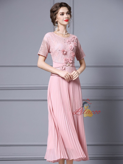 Pink Short Sleeve 3D Flower Mother Of The Bride Dress
