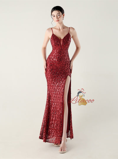 Spaghetti Straps Sequins Split Prom Dress