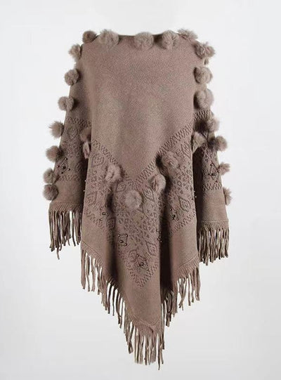 Fringed Fur Ball Round Neck Shawl Cloak