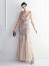 Tulle Sequins V-neck Beading Prom Dress