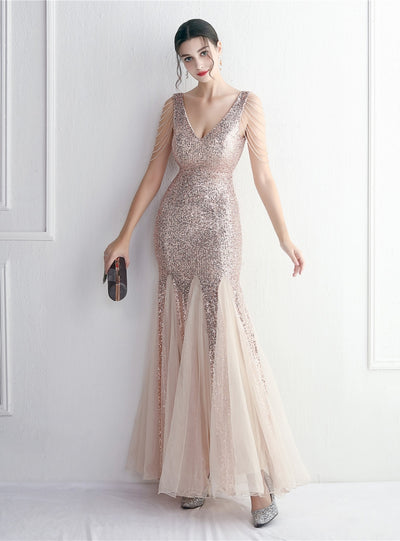 Tulle Sequins V-neck Beading Prom Dress