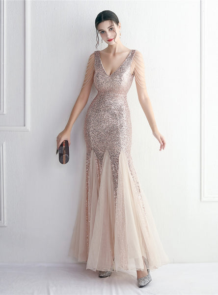 Tulle Sequins V-neck Beading Prom Dress