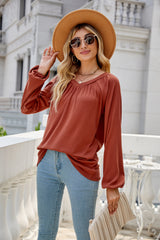 Solid Color Long Sleeve V neck Pleated T-shirt