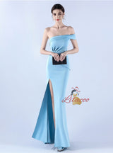 One Shoulder Pleats Split Prom Dress