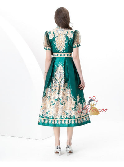 Short-sleeved V-neck Slim Printed Dress