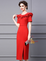 Fuchsia Short Sleeve 3D Flower Mother Of The Bride Dress