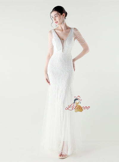 Mermaid Sequins Tulle V-neck Beading Prom Dress