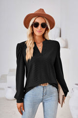 Solid Color V-neck Long Sleeve Loose T-shirt