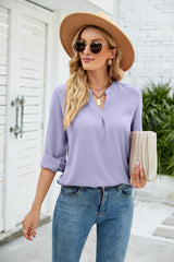 Solid Color Chiffon Loose V-neck Long Sleeve Shirt