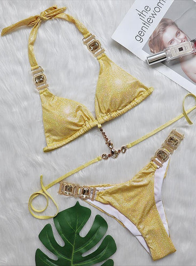 Strap Shiny Gold Crystal Diamond Bikini