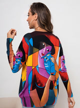 Round Neck Cat Print Long Sleeve Sweater