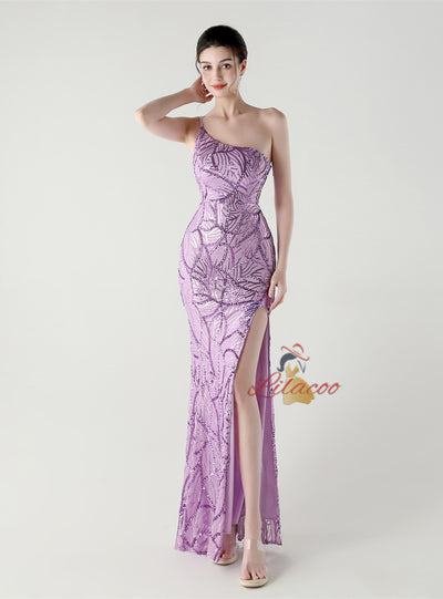 Mermaid One Shoulder Sequins Split Prom Dress