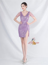 V-neck Sequins Beading Mini Prom Dress