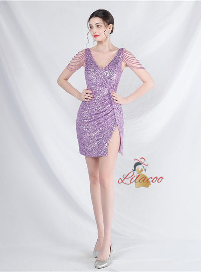 V-neck Sequins Beading Mini Prom Dress