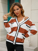 Button V-neck Stitching Loose Sweater