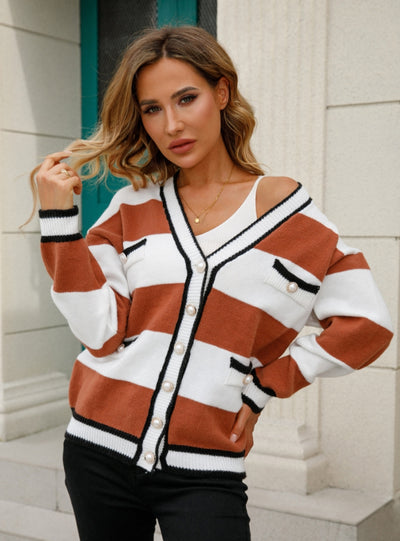 Button V-neck Stitching Loose Sweater