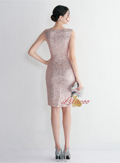 V-neck Split Sequins Beading Short Prom Dress