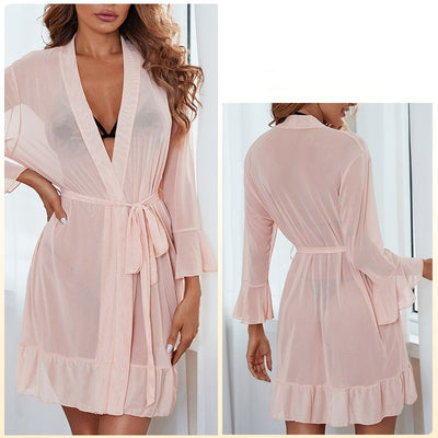 Mesh Perspective Ruffled Nightgown Pajamas