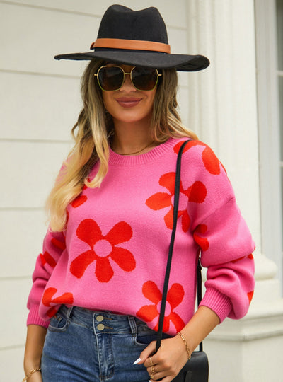 Printed Pullover Flower Sweater