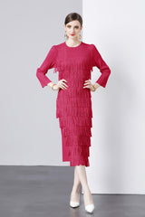 Long Sleeve Cake Pleated Fringed Dress