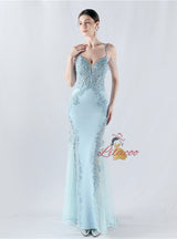 Mermaid Sequins Spaghetti Straps Appliques Prom Dress