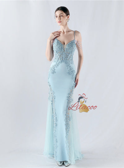 Mermaid Sequins Spaghetti Straps Appliques Prom Dress
