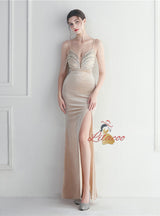 Mermaid Velvet Spaghetti Straps Sequins Beading Prom Dress