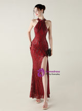 Halter Mermaid Sequins Backless Prom Dress