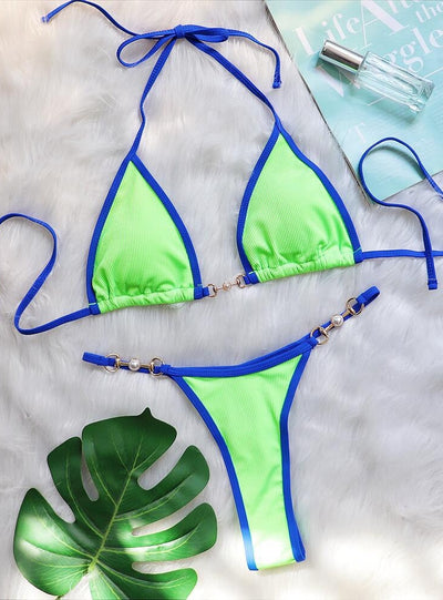 Sexy Patchwork Metal Accessories Pearl Swimsuit