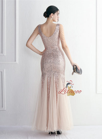 Tulle Sequins V-neck Beading Prom Dress
