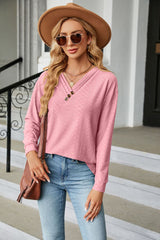 Solid Color V-neck Button Loose Long Sleeve T-shirt