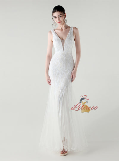 Mermaid Tulle Sequins V-neck Prom Dress