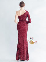 One Shoulder Long Sleeve Split Prom Dress