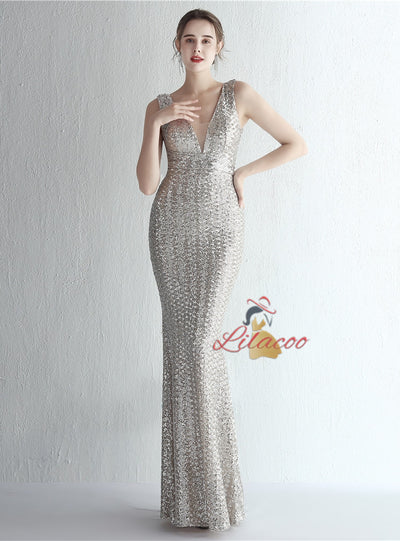 V-neck Mermaid Sequins Prom Dress