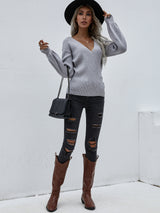 Cross V-neck Solid Color Pullover Loose Sweater