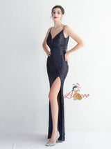 Sequins Spaghetti Straps Backless Beading Prom Dress