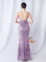 Sequins Mermaid Straps Feather Prom Dress