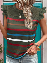 Casual Lace Lotus Leaf Sleeve Striped T-shirt