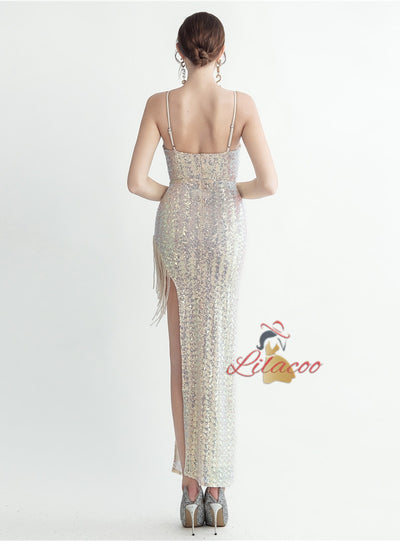 Spaghetti Straps Sequins Split Prom Dress