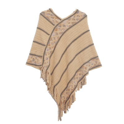 Striped Solid Color Tassel Knitted Cloak Shawl