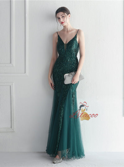 Sequins Tulle Spaghetti Straps Prom Dress