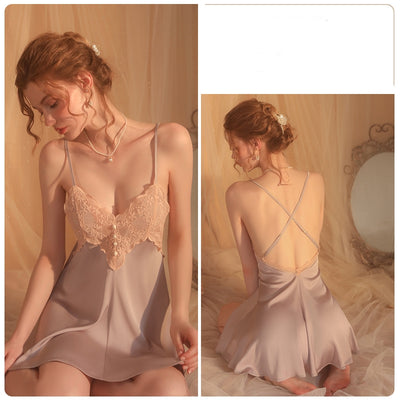 Sexy Lace Perspective Backless Pajamas Set