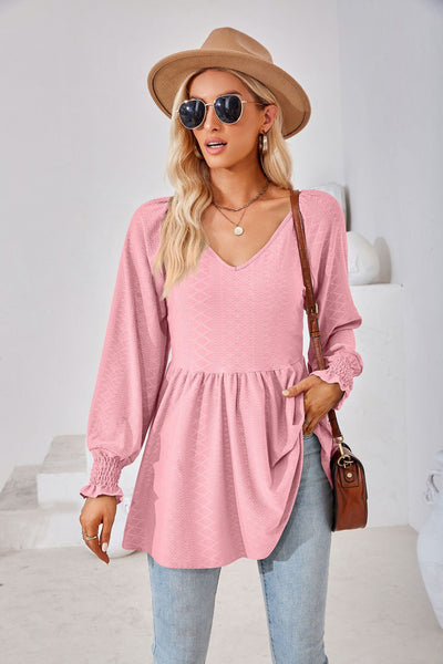 Stitching V-neck Long-sleeved Loose T-shirt