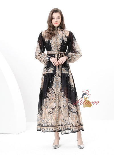 Palace Stand-up Printed Breasted Dress