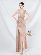 V-neck Sequins Split Prom Dress