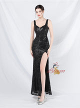 Mermaid Sequins Straps Split Prom Dress