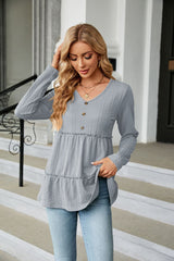Solid Color V-neck Button Loose Long Sleeve T-shirt