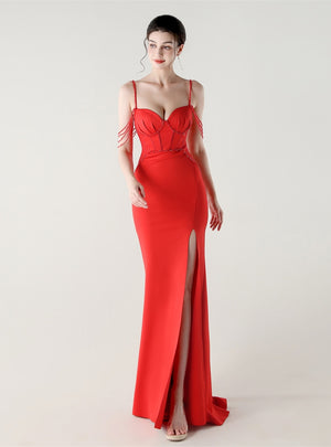 Mermaid Spaghetti Straps Beading Split Prom Dress