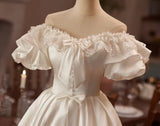 White Satin Puff Sleeve Lace Homecoming Dress