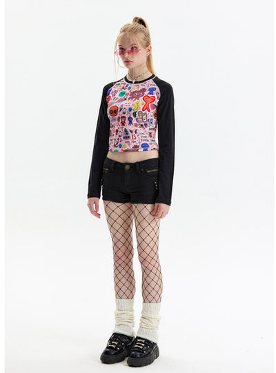 Cartoon Graffiti Printed Long Sleeve T-shirt